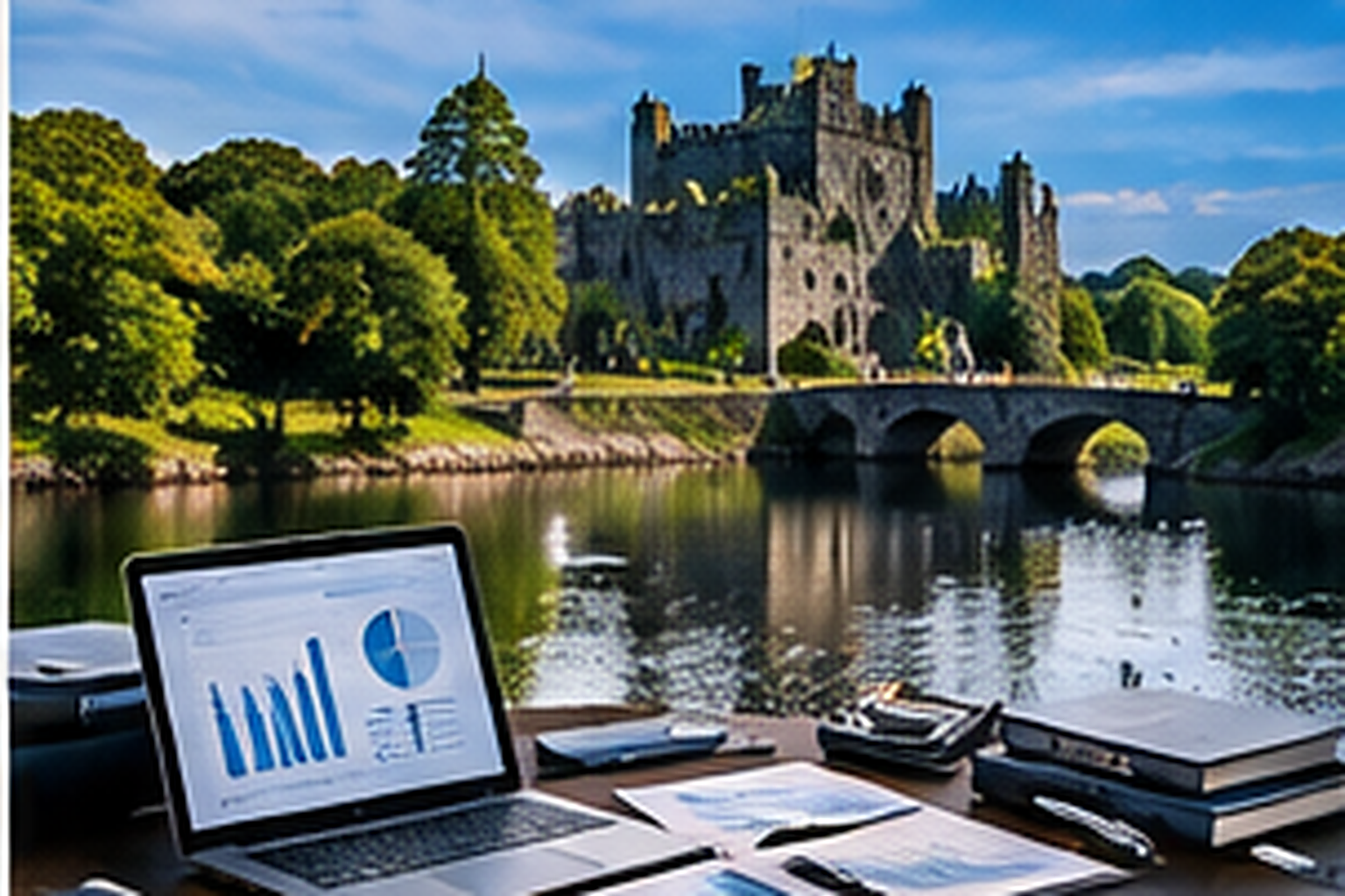 Dublin accounting services with financial reports and Dublin city skyline