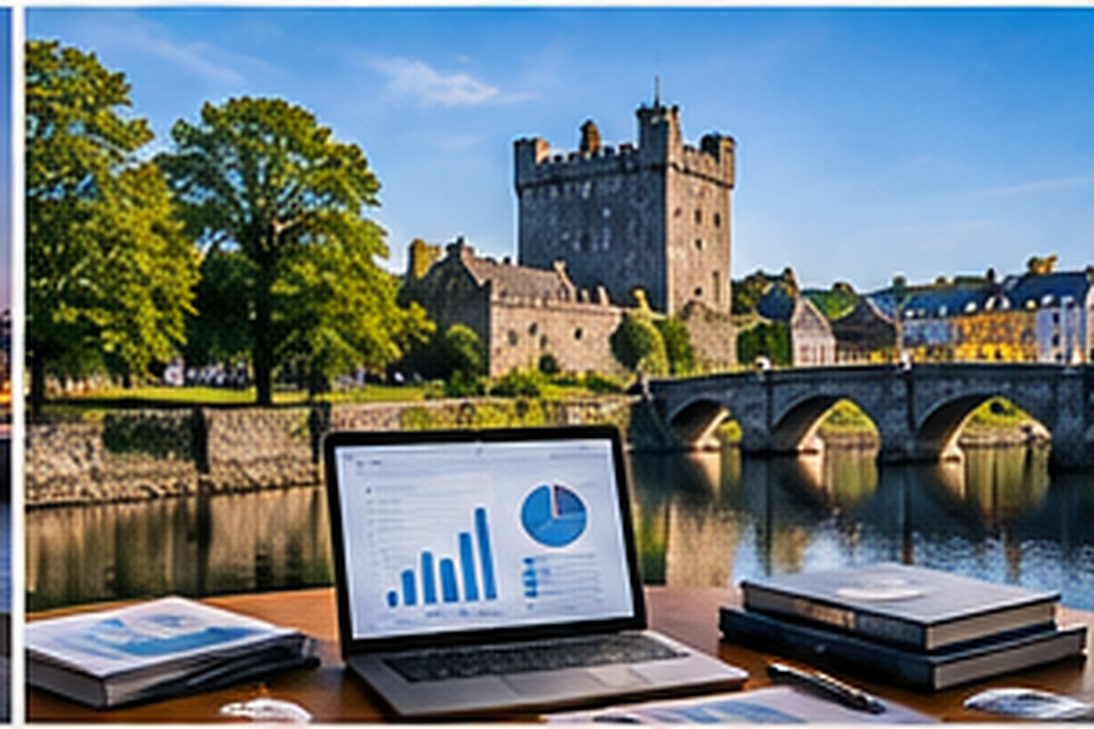 Kilkenny accounting services with financial reports and Kilkenny city skyline