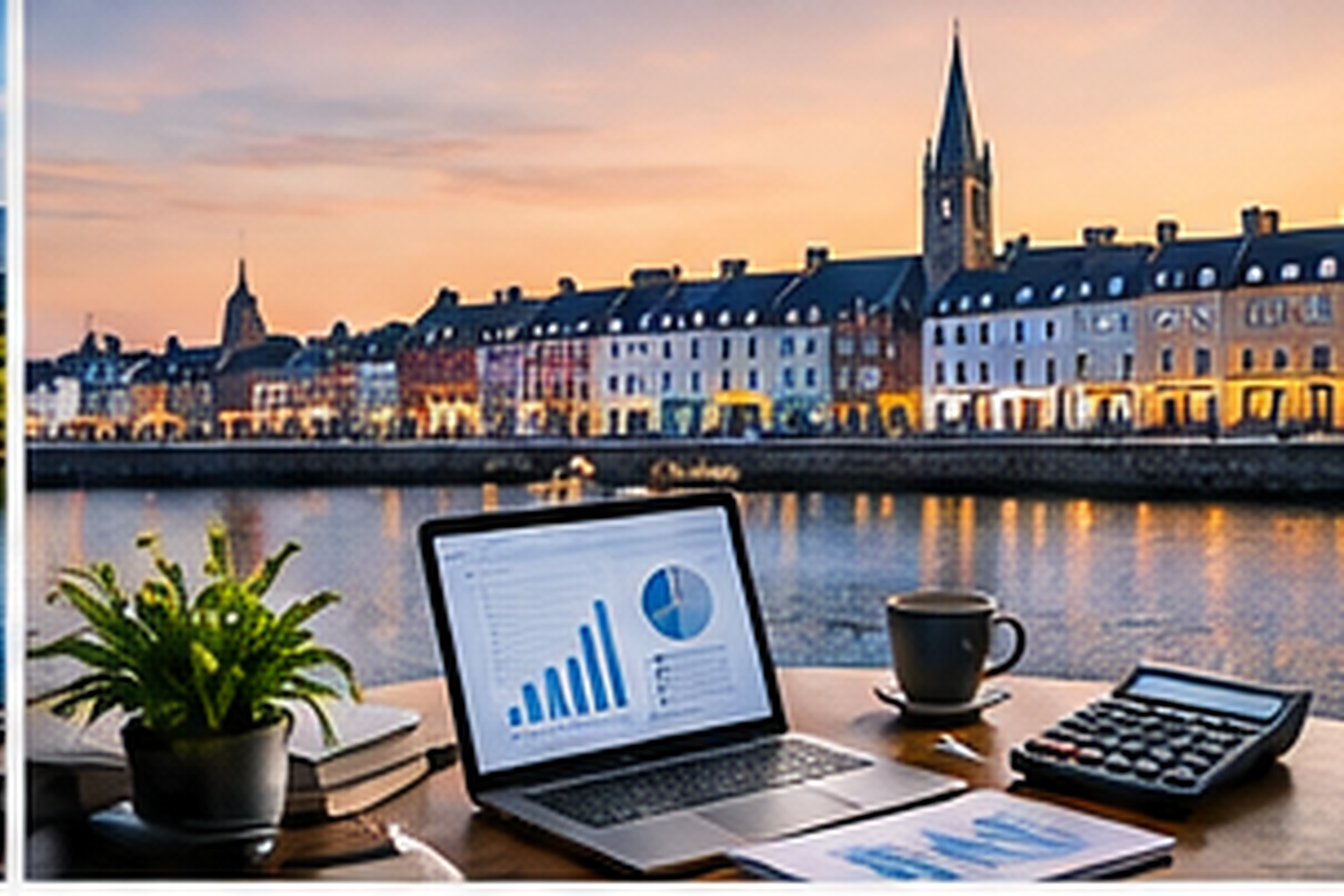 Monaghan accounting services with financial reports and Monaghan city skyline